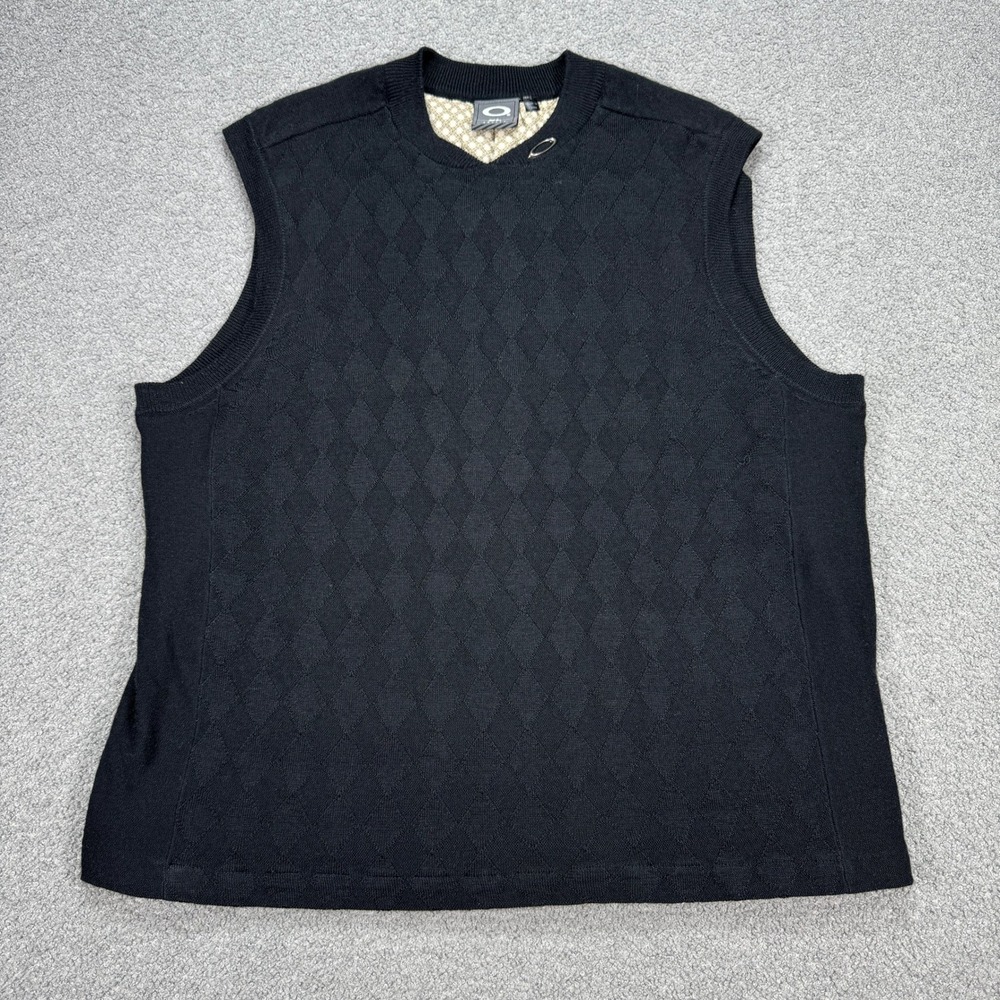 Y2K Oakley Sweater Men's XL Black Diamond Knit Lined V-Neck Ribbed Pullover Vest